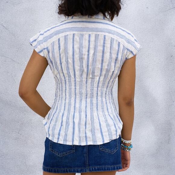 Anthropologie Maeve Striped Ruched Cotton Linen Blend Summer Coastal Blouse M - Picture 2 of 7